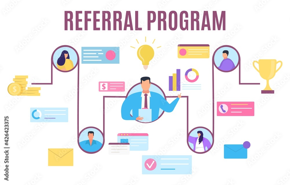 Referral program concept, vector illustration. Marketing connection in internet, social media and network. Man woman people character work for idea Referral program concept, vector illustration. Marketing connection in internet, social media and network. Man woman people character work for idea