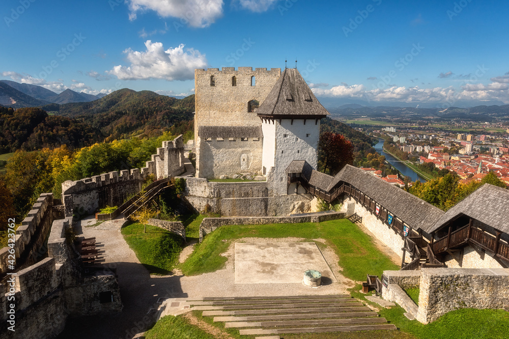 Celje Old castle (Celjski Stari grad), amazing aerial view of medieval fortification and town of Celje in Lasko valley in Julian Alps mountains, Slovenia, Styria. Outdoor travel background