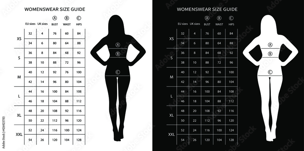 Size chart for women. Measurements for clothing. Women's EU sizes and UK sizes  chart in sm. Stock ベクター | Adobe Stock