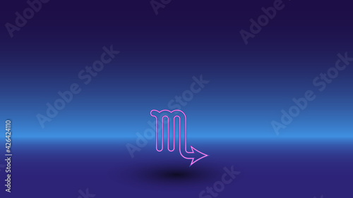 Neon zodiac scorpio symbol on a gradient blue background. The isolated symbol is located in the bottom center. Gradient blue with light blue skyline
