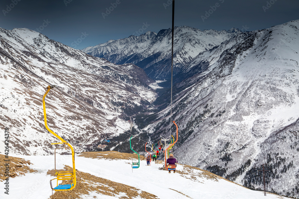 Lift for skiers to the mountain peak.  North Caucasus, Kabardino-Balkaria, Elbrus, Russia.