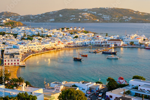 Mykonos island port with boats, Cyclades islands, Greece