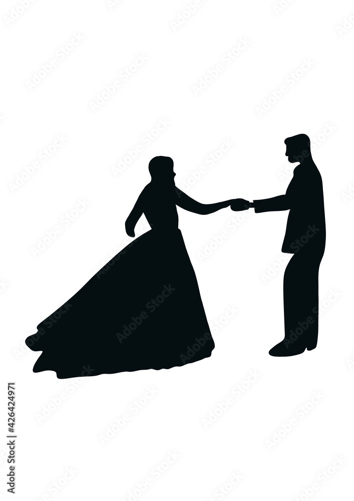 silhouette, of newlyweds holding hands taking pre-wedding