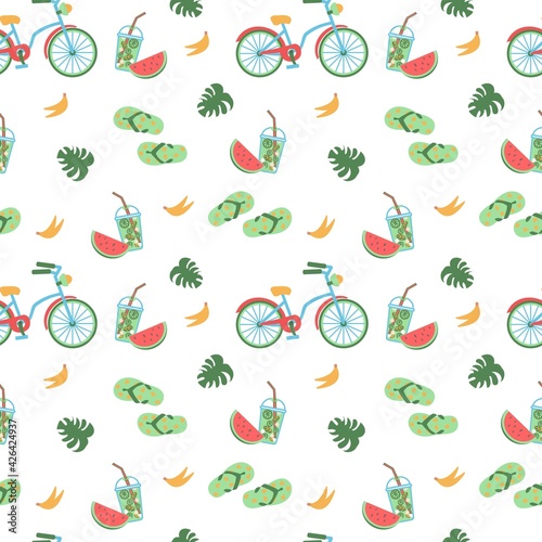 Seamless summer pattern with bicycle, mojito, banana and flip flops Vector illustration