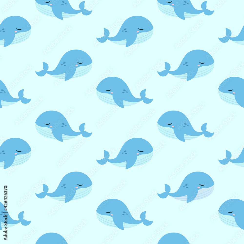 Naklejka premium Cute blue whale seamless pattern. Children's print on the wallpaper. Vector illustration of sea animals in flat style