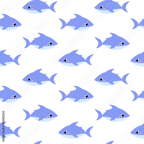 Seamless pattern cute shark. Blue cartoon shark print. Isolated on a white background. 
