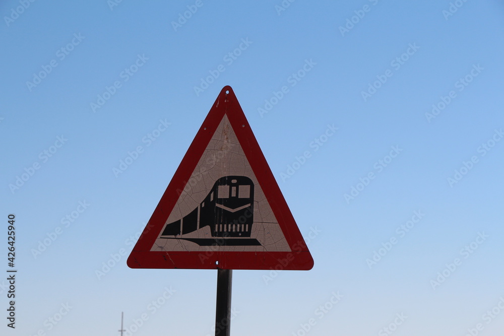 road sign in namibia, caution train road sign in namibia, caution train