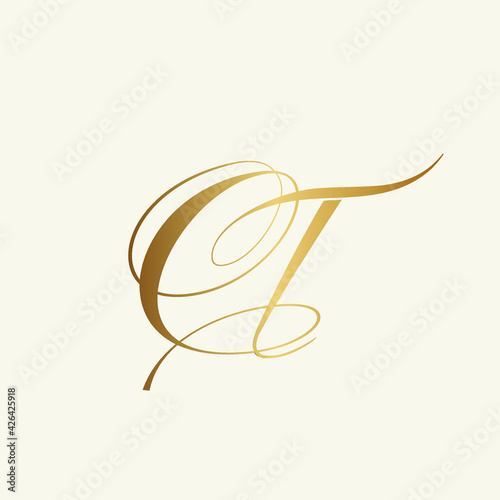 CT monogram logo.Calligraphic signature icon.Gold letter c and letter t intertwined.Lettering sign isolated on light fund.Alphabet initials.Beauty, elegant, decorative, luxury style.