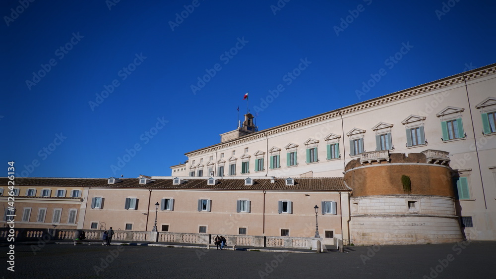 The Piazza del Quirinale with the Quirinal Palace and the Fountain of Dioscuri in Rome, Lazio, Italy