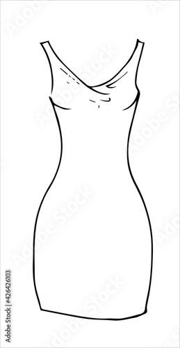 Hand drawn sketch slim short dress. Simple vector isolated outline