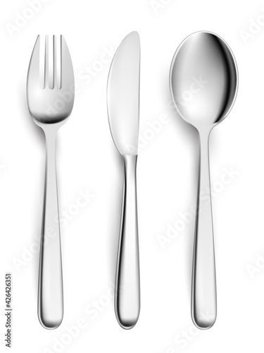 Fork, knife, spoon, table cutlery set, flat lay. Clean utensils for dinner, breakfast, supper or lunch vector illustration. Dining silverware isolated on white background, view from above