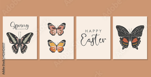 Abstract spring colorful buterfly card, boho buterfly vector, spring insect collection, nature elements, beautiful multicolour drawing buterfly card, vector illustration, Happy Easter 