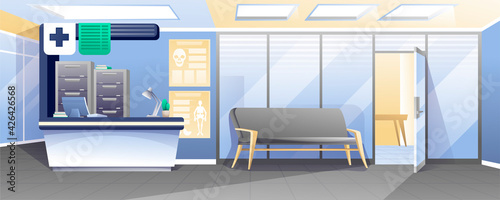 Waiting room in hospital background. Receptionist desk with computer, lamp, drawers, sofa for patients, door to medical cabinet vector illustration. Professional health care scene