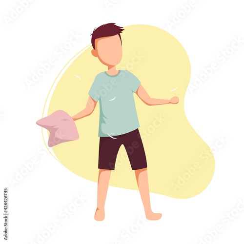 Pillow fight in pajamas. Pajama party. Time at home during quarantine. Vector illustration on isolated background.
