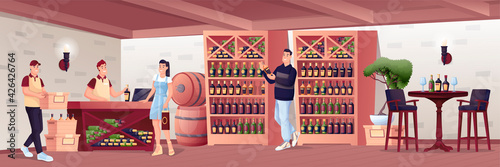 People in alcohol shop. Wine store interioir design with bar table for tasting, shelves with bottles, barrels vector illustration. Woman buying, man choosing, worker with box and at counter