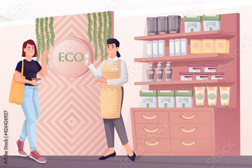 Woman shopping in eco zero waste shop. Young girl customer choosing cream, assistant helping with products vector illustration. Ecological store interior design view with people
