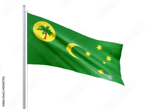 Cocos (Keeling) Islands (Australian external territory) flag waving on white background, close up, isolated. 3D render photo