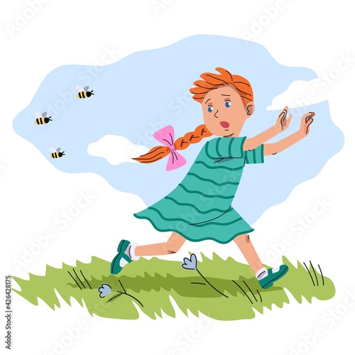 Girl running from bees in summer. Childhood outdoor vector illustration. Little curious scared girl running away in grass with flowers. Hobby and leisure activity outside