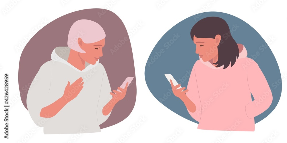 Fototapeta premium Two girls talk on phone. Two beautiful women are texting each other. Flat vector illuctration. Two cute girls holding mobile phone. Two persons cellphone conversation sending messages.