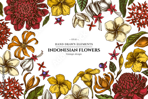 Floral design with colored plumeria, allamanda, clerodendrum, champak, etlingera, ixora