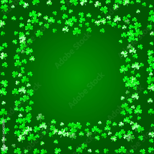 St patricks day background with shamrock. Lucky trefoil confetti. Glitter frame of clover leaves. Template for voucher, special business ad, banner. Dublin st patricks day backdrop.