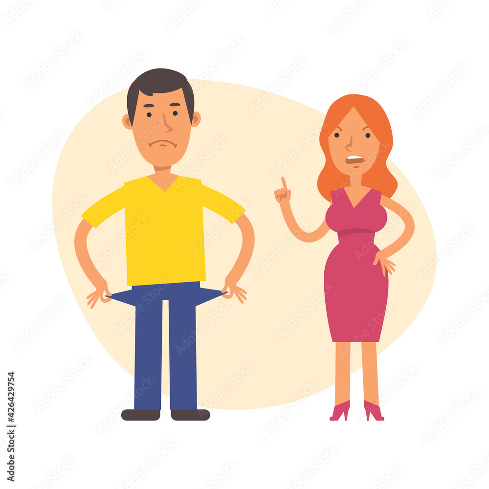 Woman scolds man for not having money. Vector characters