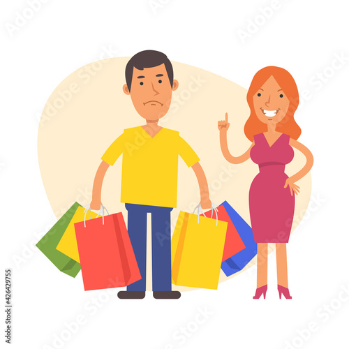Woman shows thumbs up and disgruntled man stands nearby and holds lot bags with purchases. Vector characters