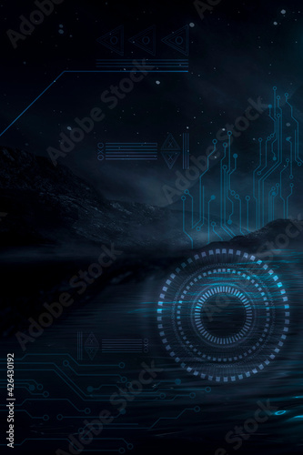 Futuristic fantasy night landscape with abstract landscape and island, moonlight, radiance, moon, neon. Dark natural scene with light reflection in water. Neon space galaxy portal. 3D illustration. 