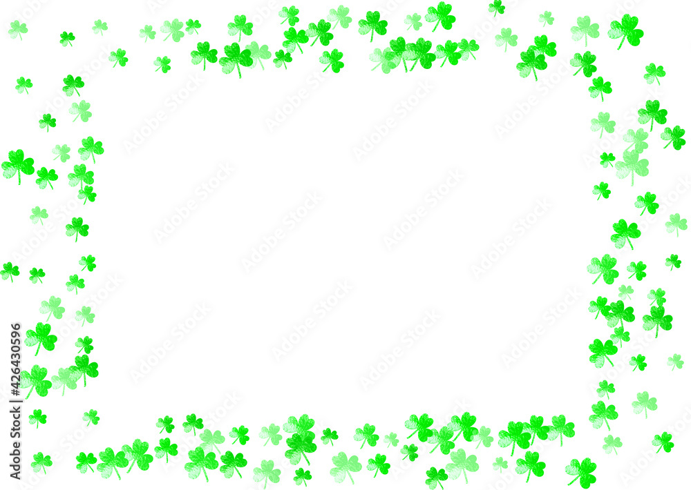 Clover background for Saint Patricks Day. Lucky trefoil confetti. Glitter frame of shamrock leaves. Template for voucher, special business ad, banner. Dublin clover background. Clover background for Saint Patricks Day. Lucky trefoil confetti. Glitter frame of shamrock leaves. Template for voucher, special business ad, banner. Dublin clover background.
