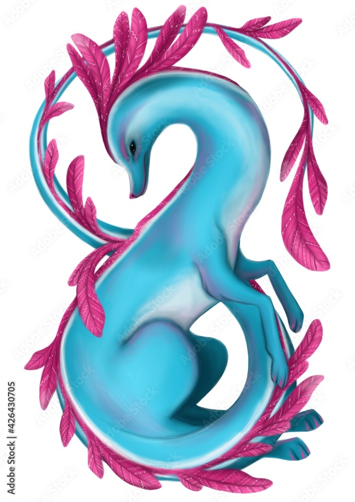 Blue dragon illustration on white background