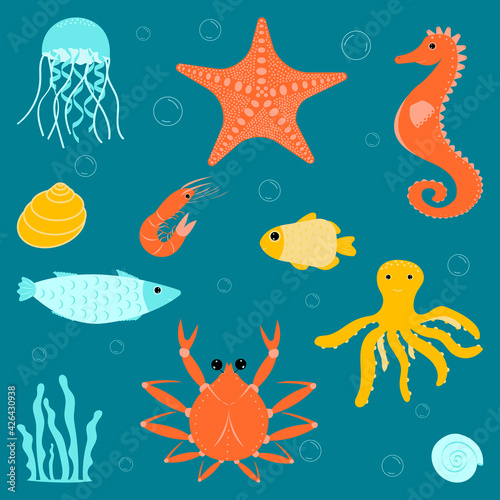 set sea inhabitants- starfish, seahorse, jellyfish, shrimp, octopus, crab, fish, shells and algae on a dark green background