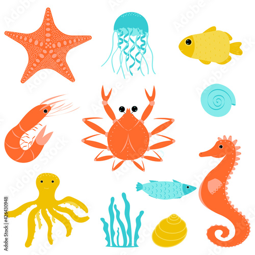 set of sea inhabitants elements- starfish, jellyfish, fish, shells, seaweed, crab, shrimp, seahorse and octopus on white background. sealife