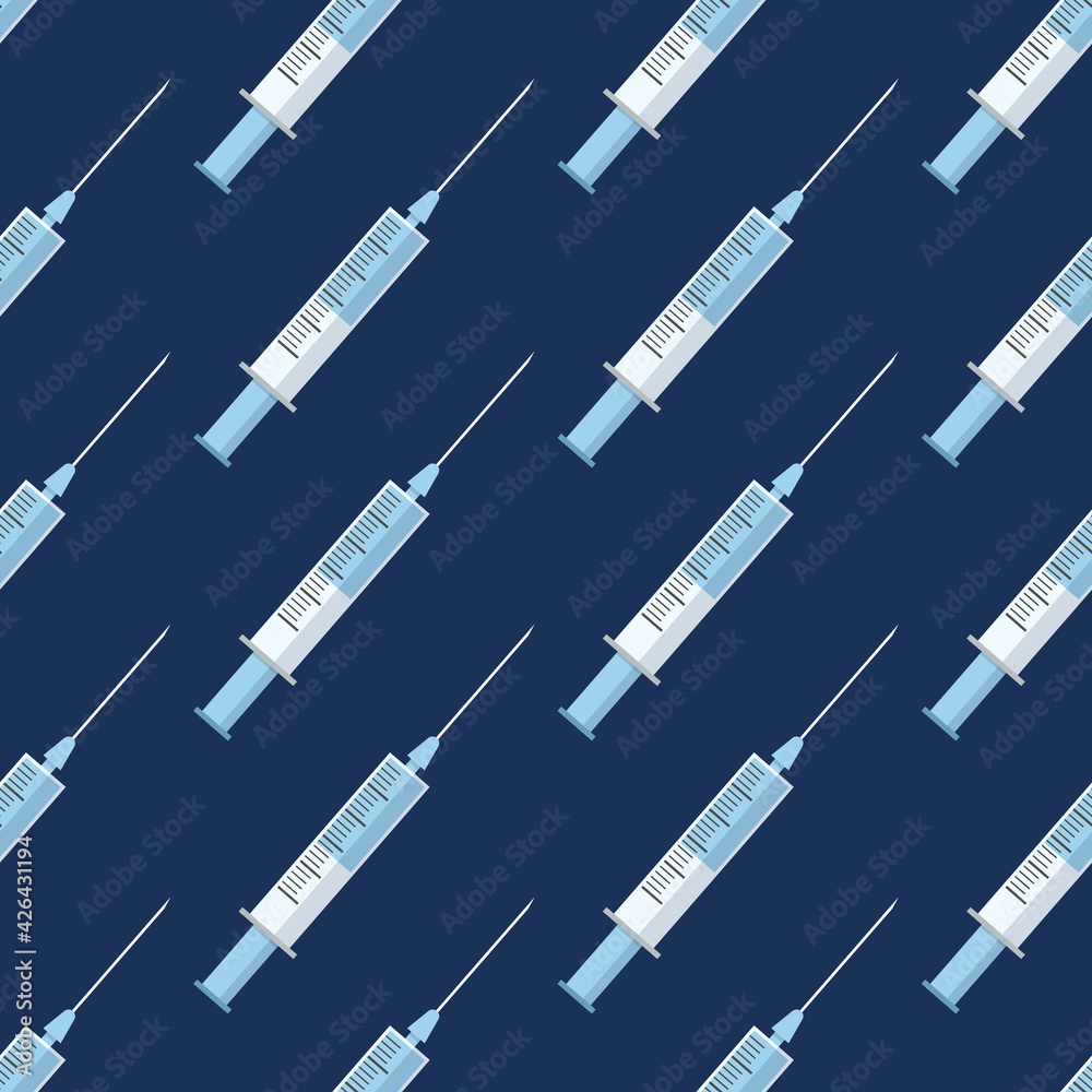 Seamless pattern of medical syringes with medicine, drugs, isolated on blue background. Diagonal arrangement. Color illustration.