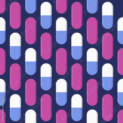 Vector seamless pattern with white and violet, pink pills, tablets, isolated on dark blue background. Capsules. Medical preparations. Flat design. Color illustration.