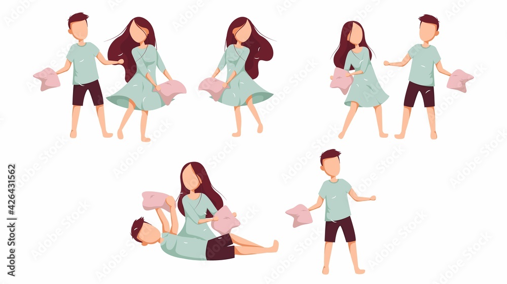 A series of pictures. Pillow fight in pajamas. Pajama party. Time at home during quarantine. Vector illustration on isolated background.