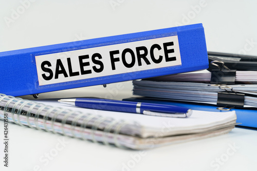 On the table are a notebook, a pen, documents and a folder with the inscription - SALES FORCE