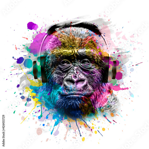 gorilla monkey head with eyeglasses and headphones with creative colorful abstract elements on dark background