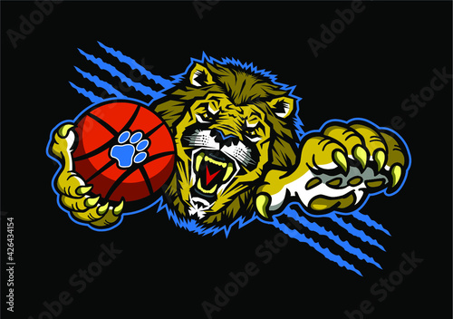 lions basketball team mascot holding ball in claw for school  college or league