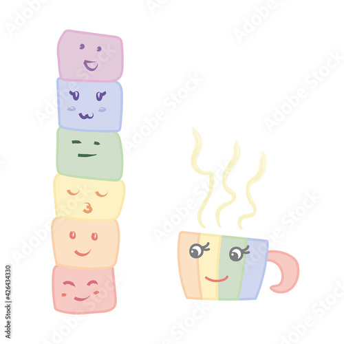 cute, adorable gay, lesbian marshmallow pile, pillar and a hot chocolate cup lgbtq+ in pastel colors