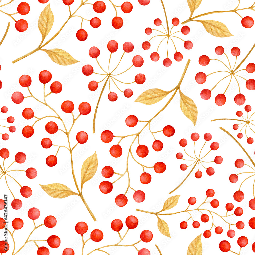 Hand drawn red berry branches with golden leaves isolated on a white background. Colourful seamless pattern for home decor, fabric, wallpaper. Decorative wrapping paper for Christmas gifts Hand drawn red berry branches with golden leaves isolated on a white background. Colourful seamless pattern for home decor, fabric, wallpaper. Decorative wrapping paper for Christmas gifts