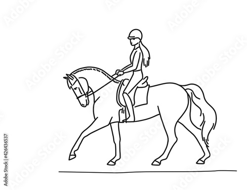 Fototapeta Naklejka Na Ścianę i Meble -  Young girl riding cantering horse, vector sketch