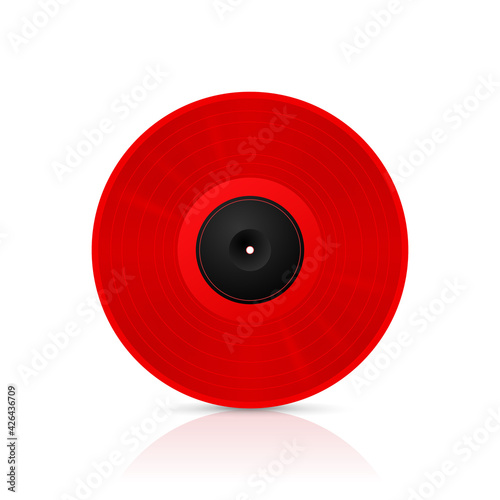 Red musical vinyl record. Vector image with reflection on white background
