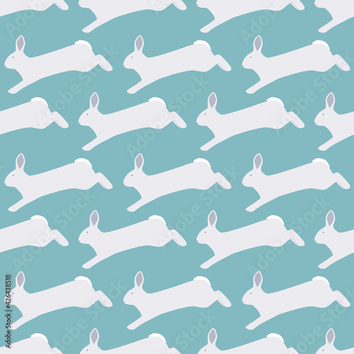 Eater seamless pattern with cute bunnys. Isolated rabbits running among blue background. Hand drawn vector illustration.