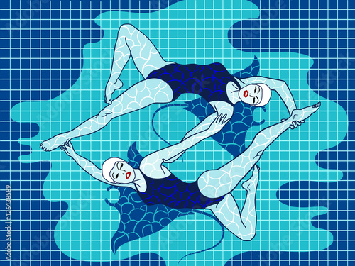 Graceful women are engaged in synchronized swimming.