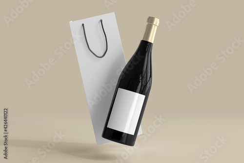 Red Wine Bottle and Shopping Bag with Empty Label
