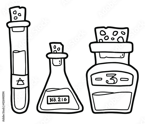Potion bottles. Beaker, bottle and jar. Magic items. Potion making. 