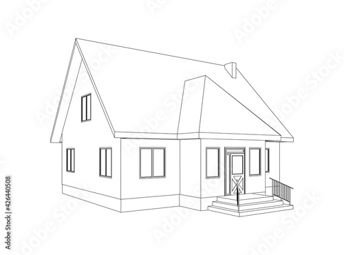 Building perspective 3D. Drawing of the suburban house. Outlines cottage on white background. House 3D model perspective vector. Cottage blueprint. EPS 10. 