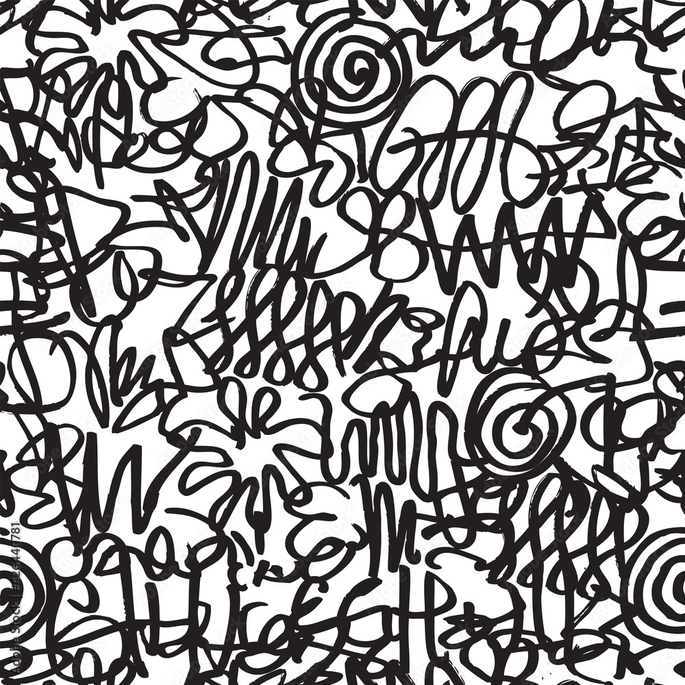 Abstract seamless pattern with chaotic black doodles on a white background. Squiggle freehand texture. Vector repeating background, graphic print for textile, clothes, wrapping paper, Wallpaper