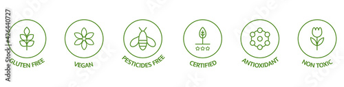 Natural cosmetic icons. Skincare logo. Pesticides free, vegan, bio, non toxic, certified labels. Beauty badges. GMO free emblems. Organic cosmetic line art stickers. Healthy food. Vector illustration