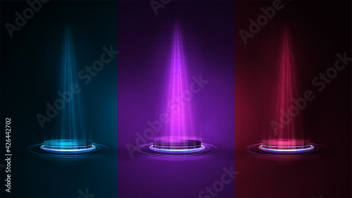 Set of empty blue podiums for product presentation, 3d realistic neon illustration. Blue, pink and red digital neon podiums with lighting of spotlights in dark room